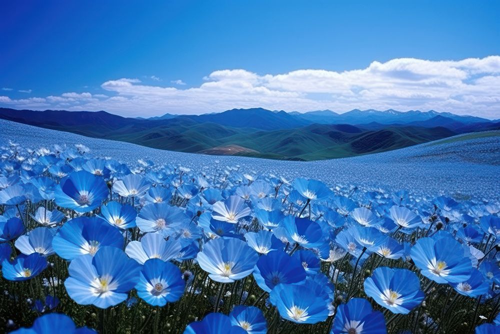 Blue flower fields landscape outdoors nature.