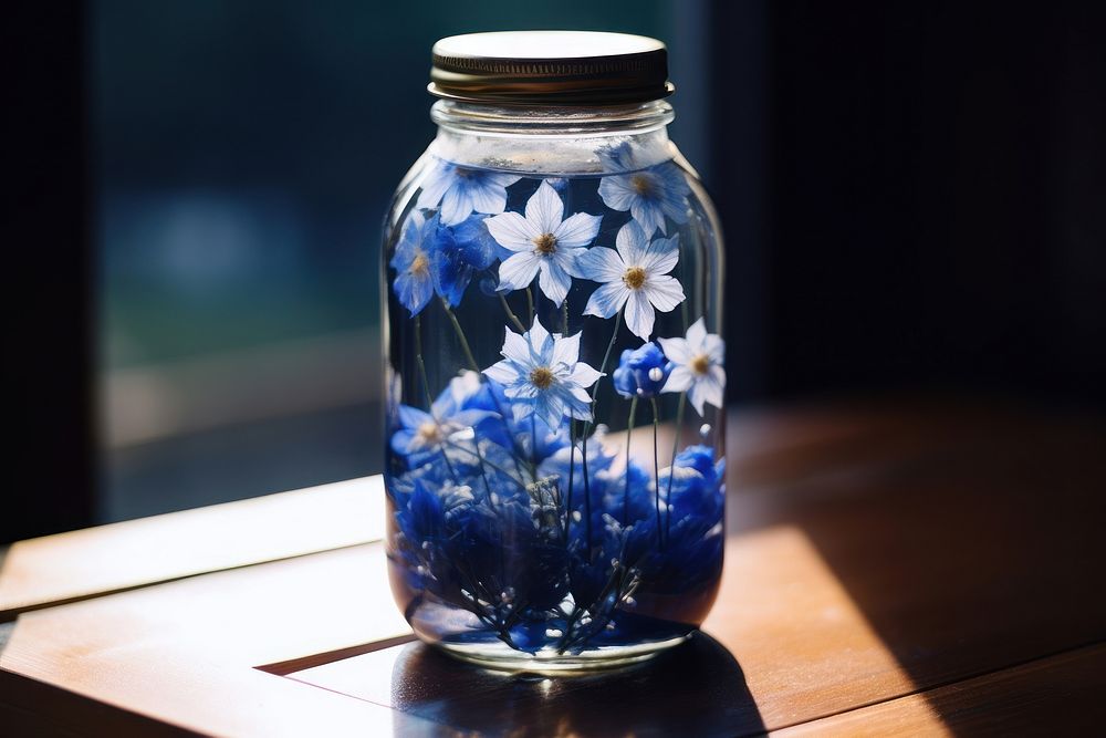 Blue flower jar inflorescence transparent.