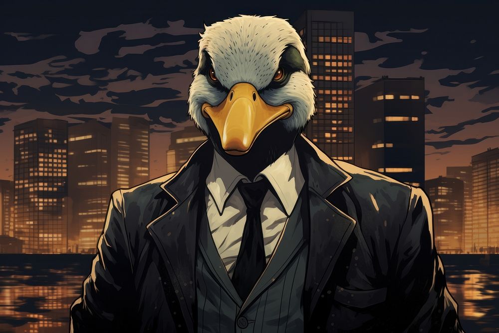 Gangster duck anime bird representation.