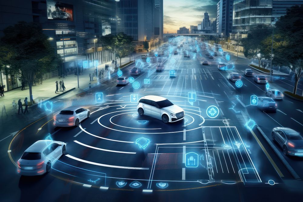 EV Autonomous Self Driving car vehicle city highway.