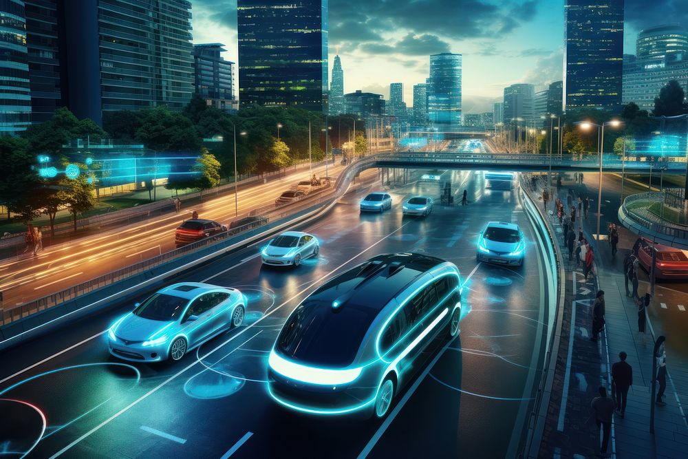 EV Autonomous Self Driving car vehicle city architecture.