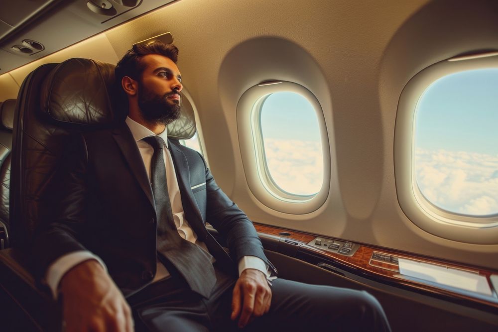Middle eastern businessman airplane vehicle sitting.