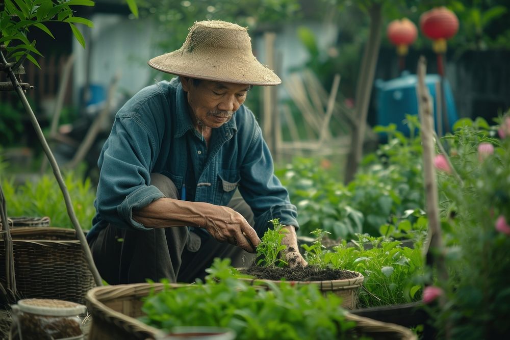 Asian man gardening outdoors adult agriculture.