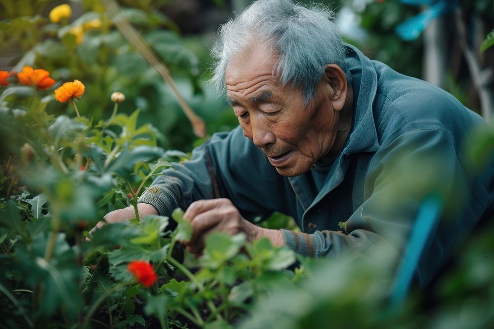 Asian man gardening outdoors nature adult.