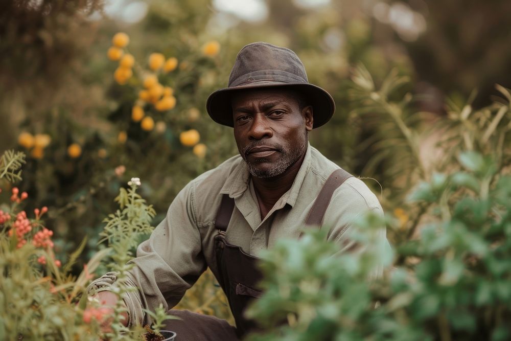 Black man gardening portrait outdoors nature.