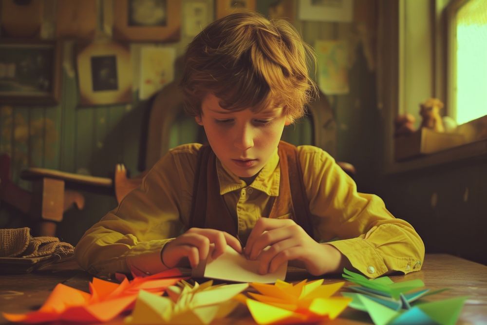 British boy using stationary paper concentration contemplation.