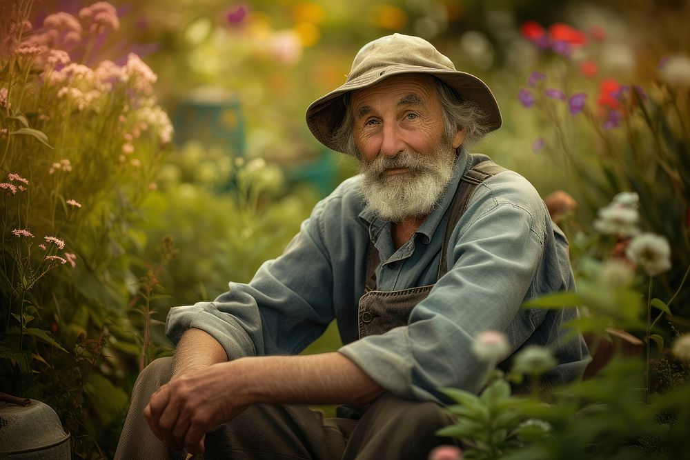 British man gardening portrait outdoors sitting.