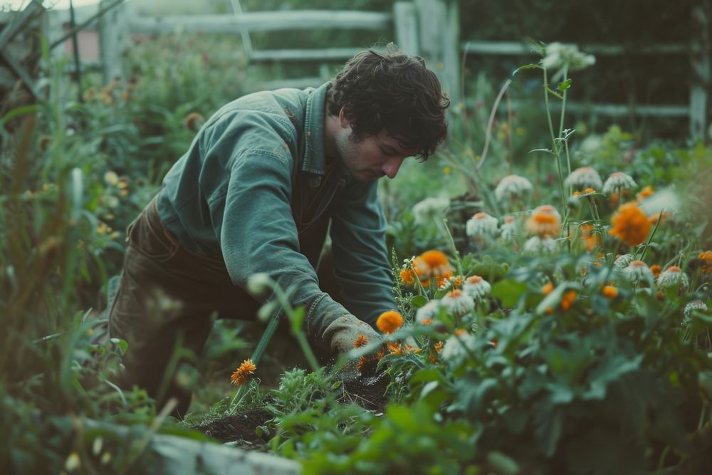 British man gardening outdoors nature agriculture.