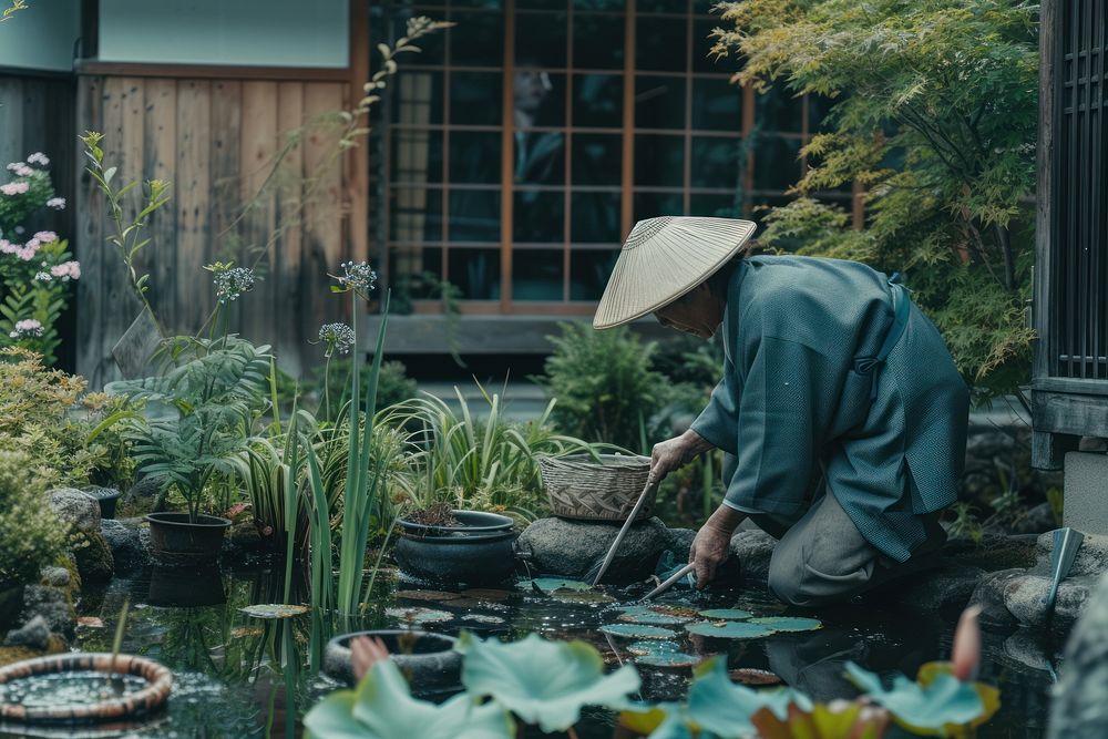 Japanese man gardening outdoors nature plant.