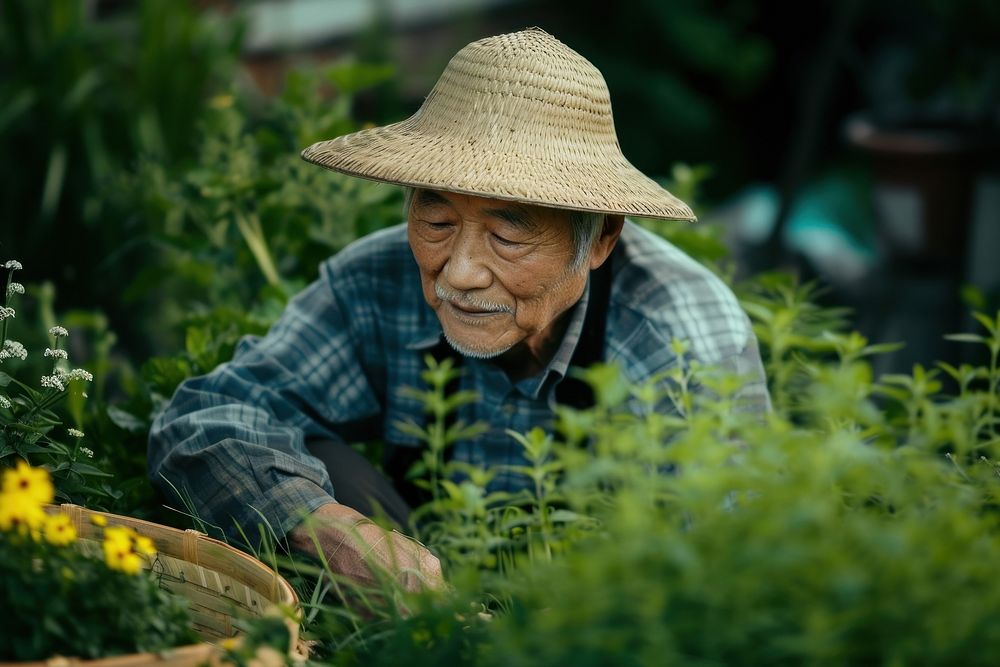 Japanese man gardening outdoors nature adult.