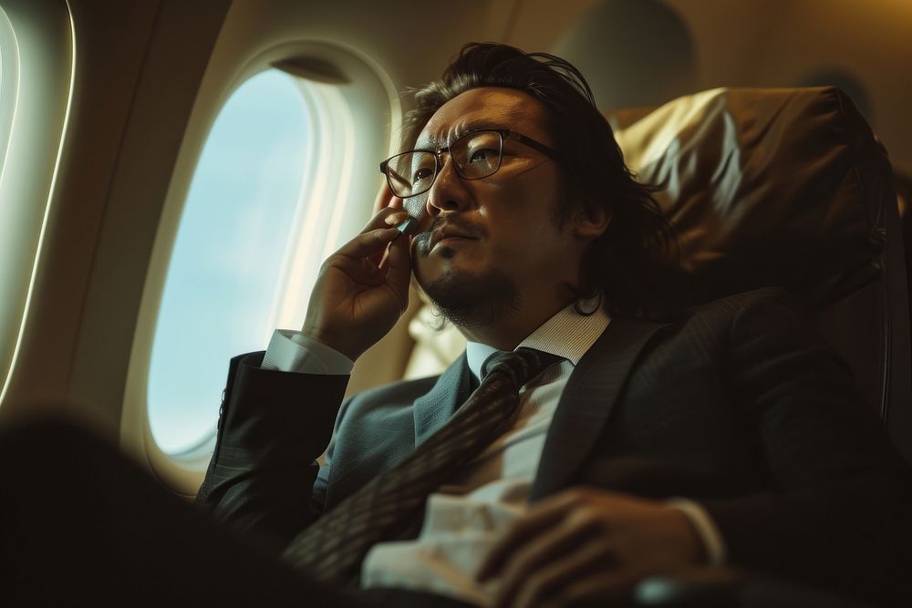 Japanese businessman airplane portrait glasses.