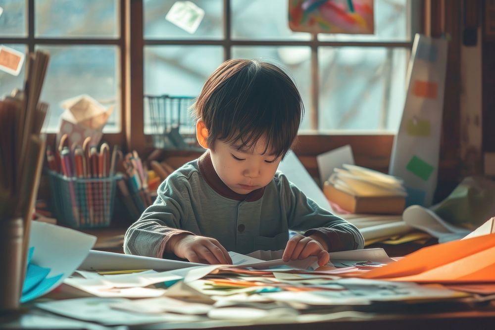 Japanese boy using stationary writing table paper.