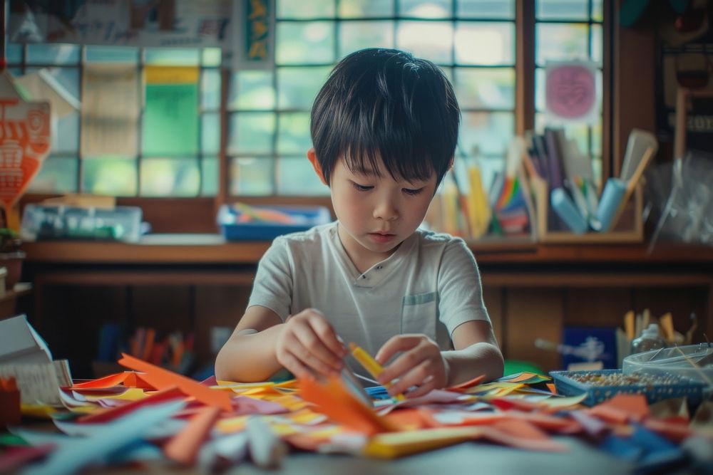 Japanese boy using stationary student paper child.