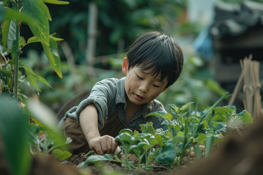 Japanese boy gardening child agriculture plantation.