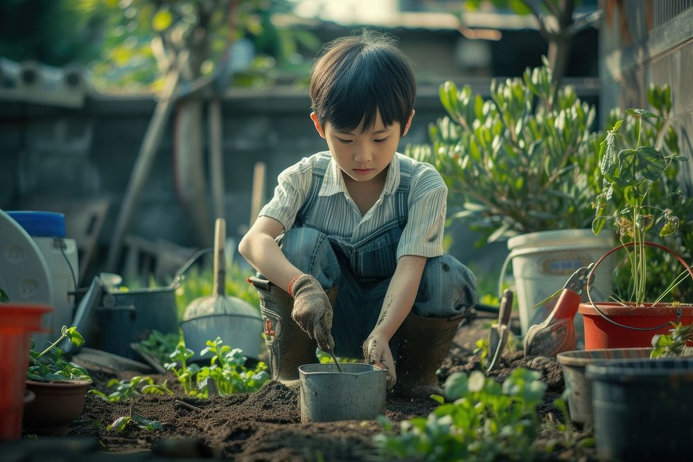 Japanese boy gardening outdoors plant child.