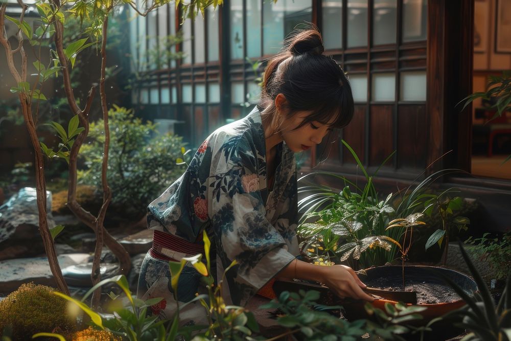 Japanese girl gardening outdoors adult plant.