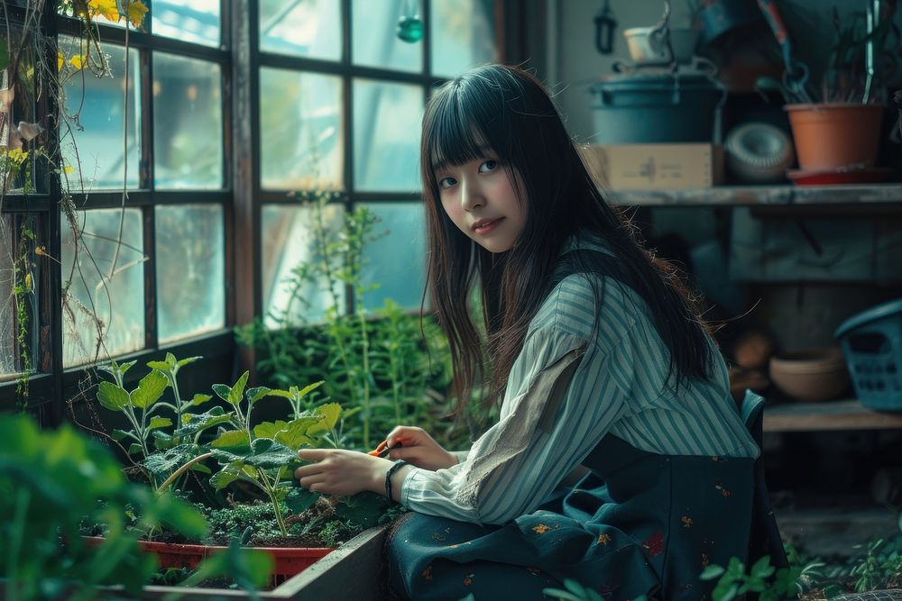 Japanese girl gardening sitting nature plant.
