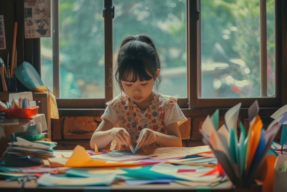 Japanese girl using stationary writing child concentration.