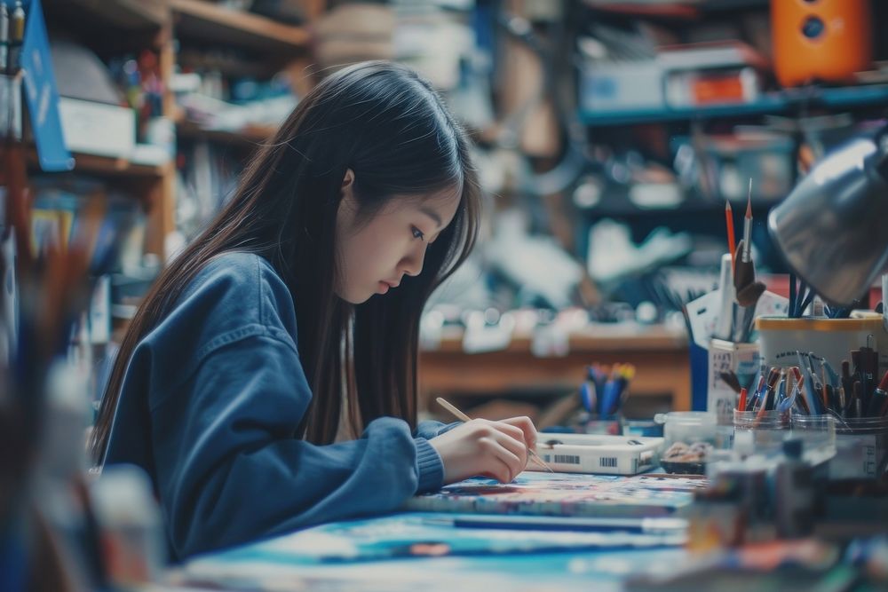 Japanese girl using stationary art concentration craftsperson.