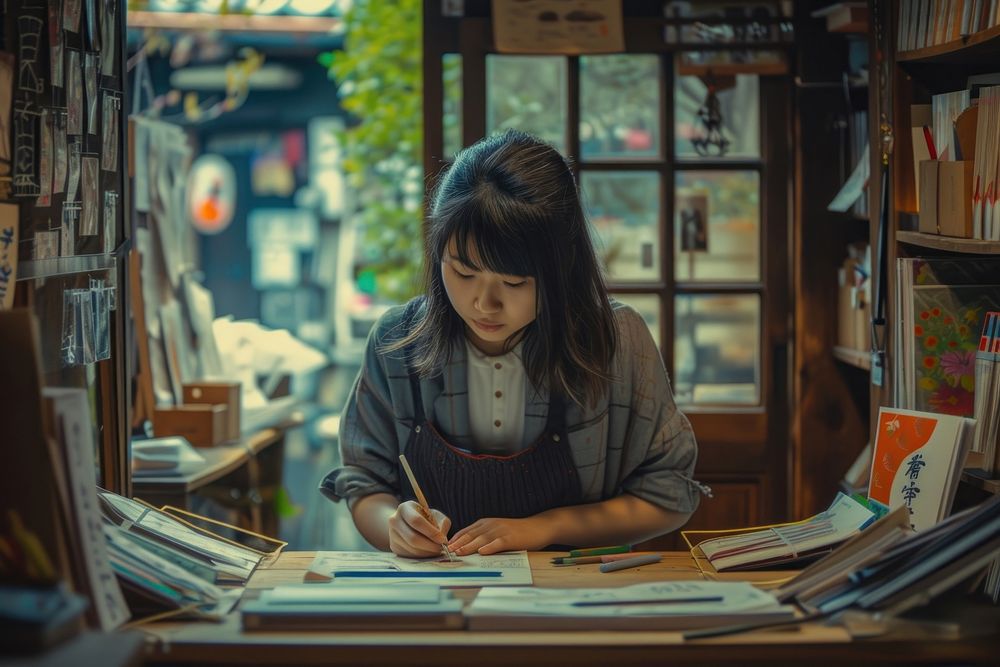 Japanese girl using stationary publication reading book.