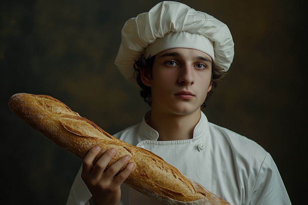 Paris chef baguette holding bread.