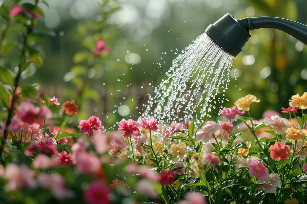 Watering flower garden outdoors nature shower.
