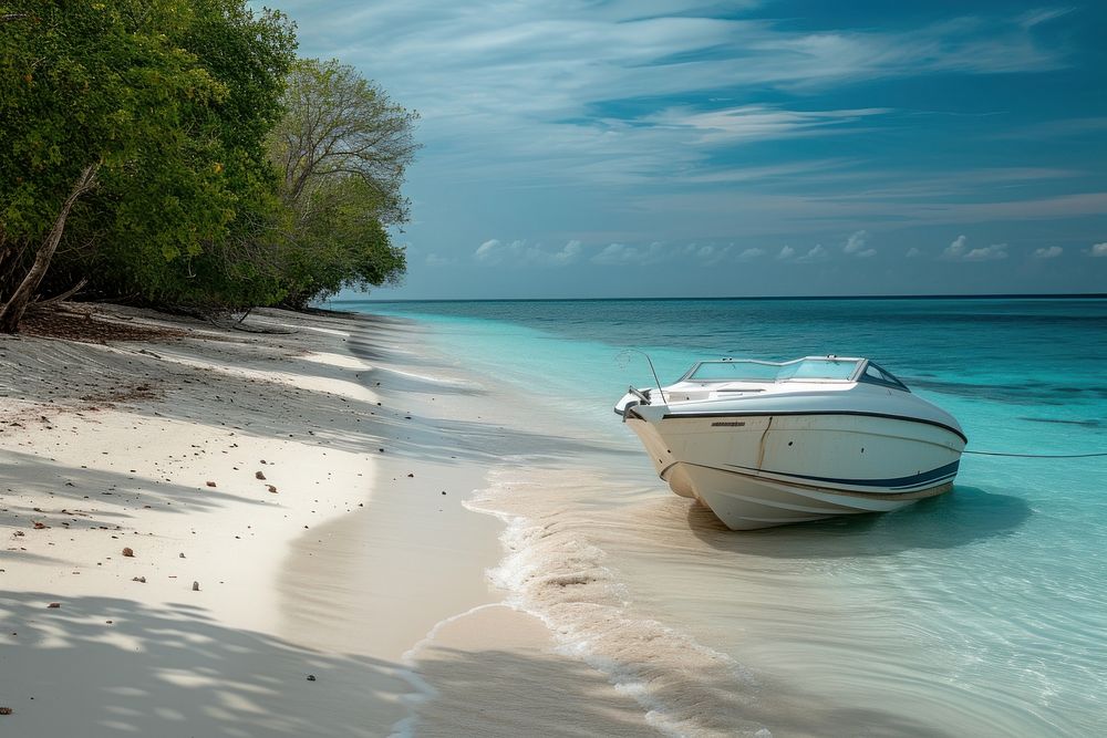 White speed boat beach landscape outdoors.
