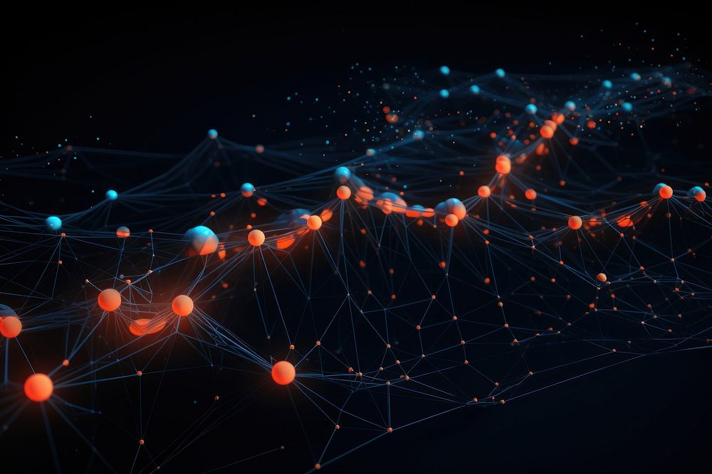 Visualization of blockchain network abstract glowing night.