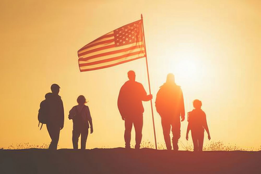 People holding american flag silhouette adult togetherness.