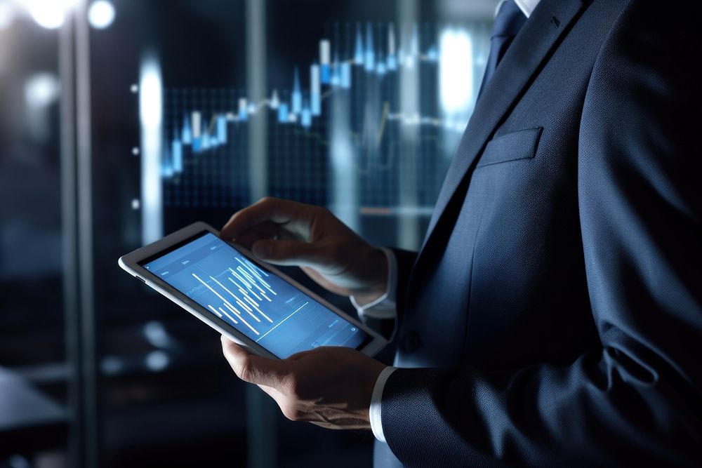 Businessman using tablet analyzing sales computer adult graph.