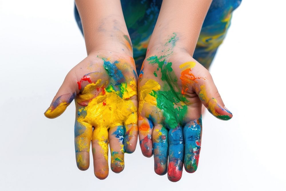 Colorful painted childrenn hands finger white background creativity.