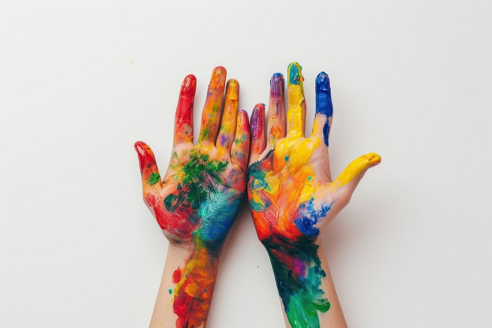 Colorful painted hands finger white background creativity.