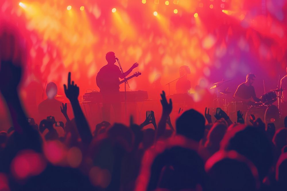 A Silhouette of people raise hand up in concert silhouette nightlife guitar.