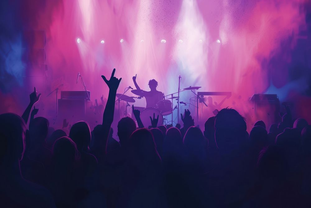 A Silhouette of people raise hand up in concert music silhouette musician.
