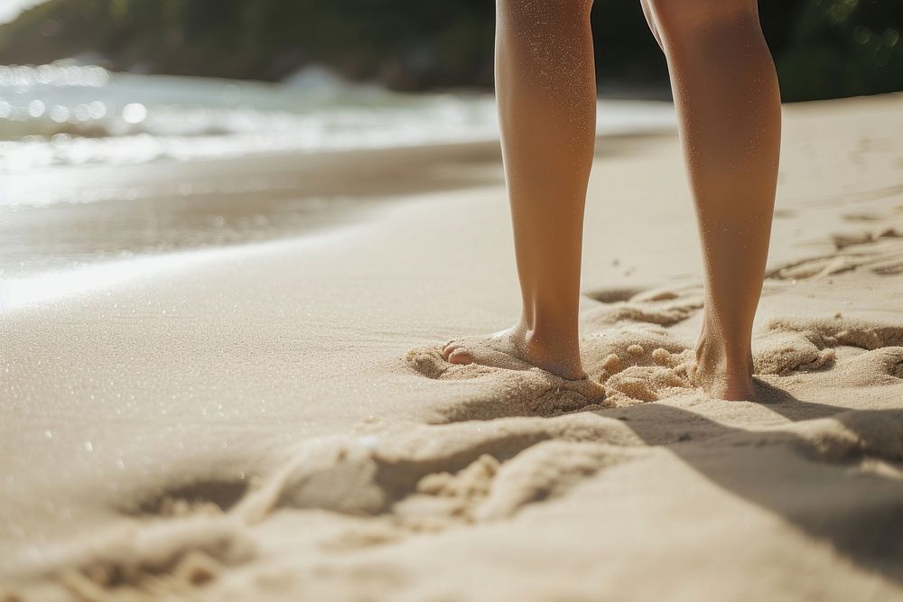 Woman chubby legs on beach sand tranquility relaxation sunlight.