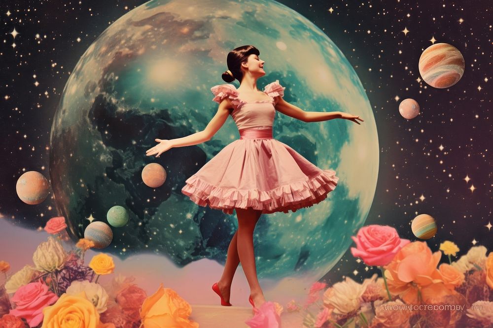 Collage Retro dreamy girl dancing ballet moon astronomy sphere.