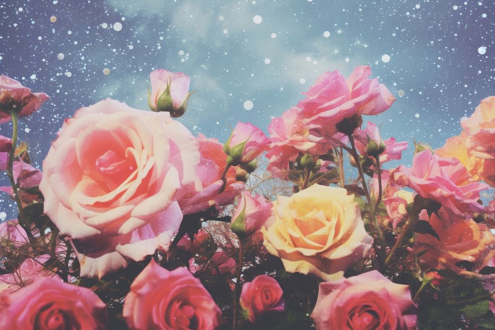 Collage Retro dreamy blooming roses outdoors blossom flower.