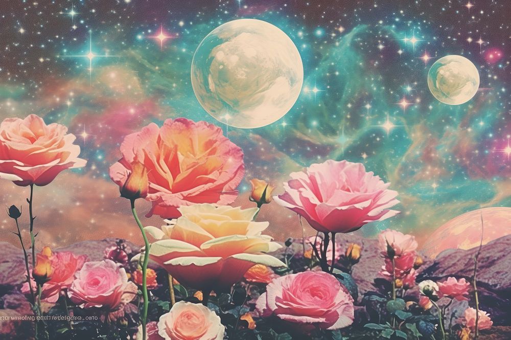 Collage Retro dreamy blooming roses astronomy outdoors painting.