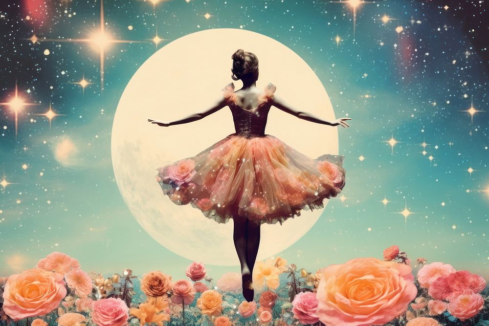 Collage Retro dreamy girl dancing ballet flower galaxy plant.