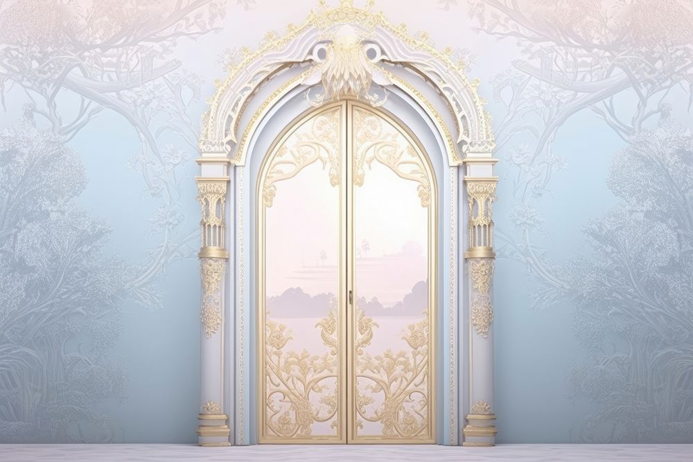 Solid toile wallpaper with door gate architecture building gold.