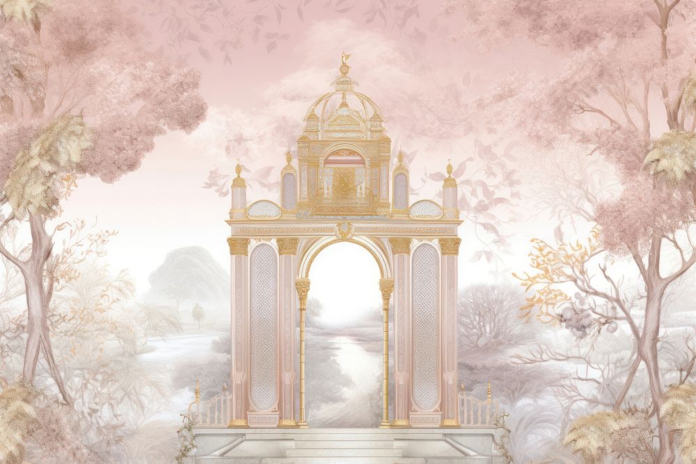 Solid toile wallpaper with door gate outdoors gold spirituality.