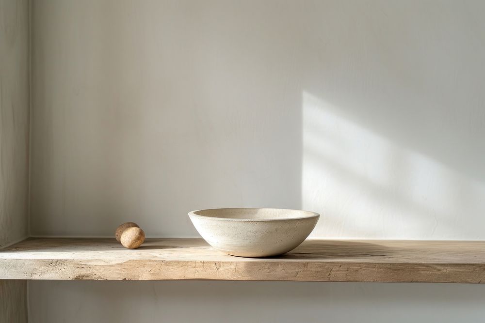 Minimal ceramic bowl on wooden shelf in kitchen simplicity windowsill furniture.