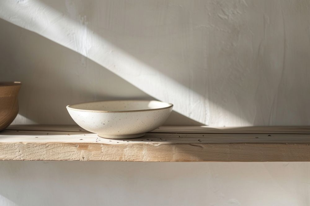 Minimal ceramic bowl on wooden shelf in kitchen architecture simplicity windowsill.