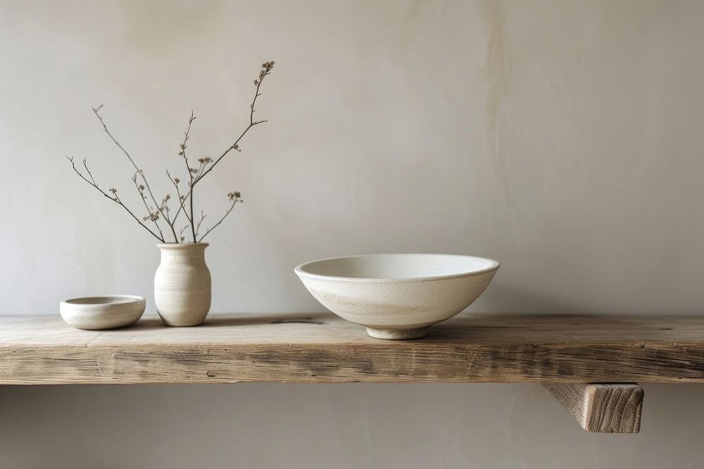 Minimal ceramic bowl on wooden shelf in kitchen furniture table white.