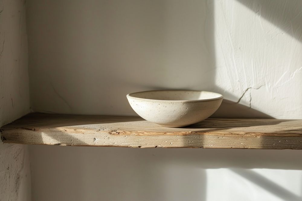 Minimal ceramic bowl on wooden shelf in kitchen architecture simplicity windowsill.
