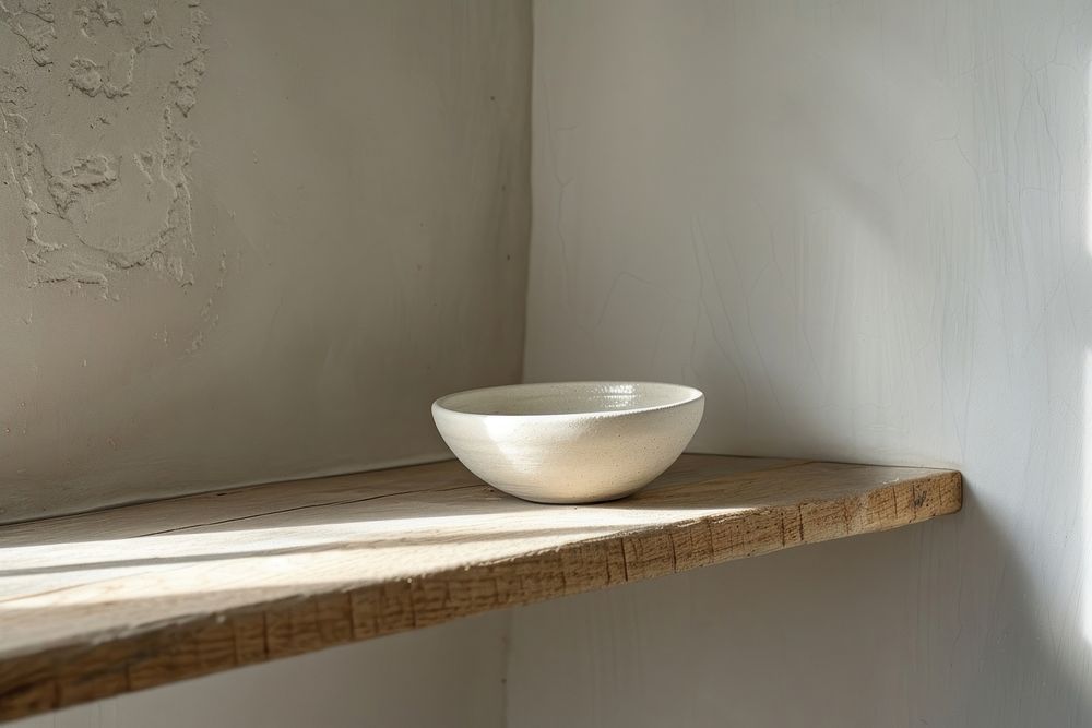 Minimal ceramic bowl on wooden shelf in kitchen white simplicity windowsill.