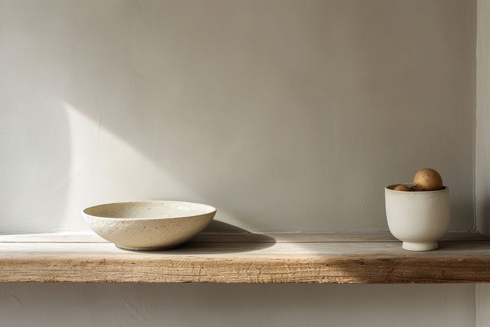 Minimal ceramic bowl on wooden shelf in kitchen simplicity windowsill tableware.