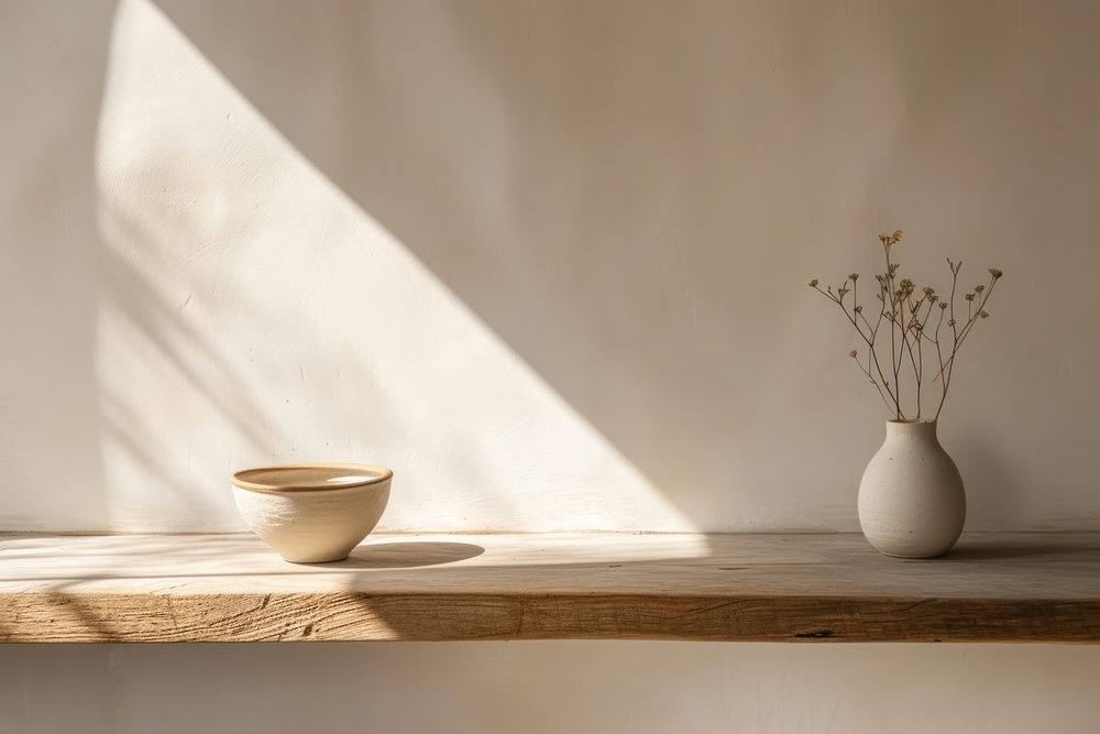 Minimal ceramic bowl on wooden shelf in kitchen windowsill white architecture.