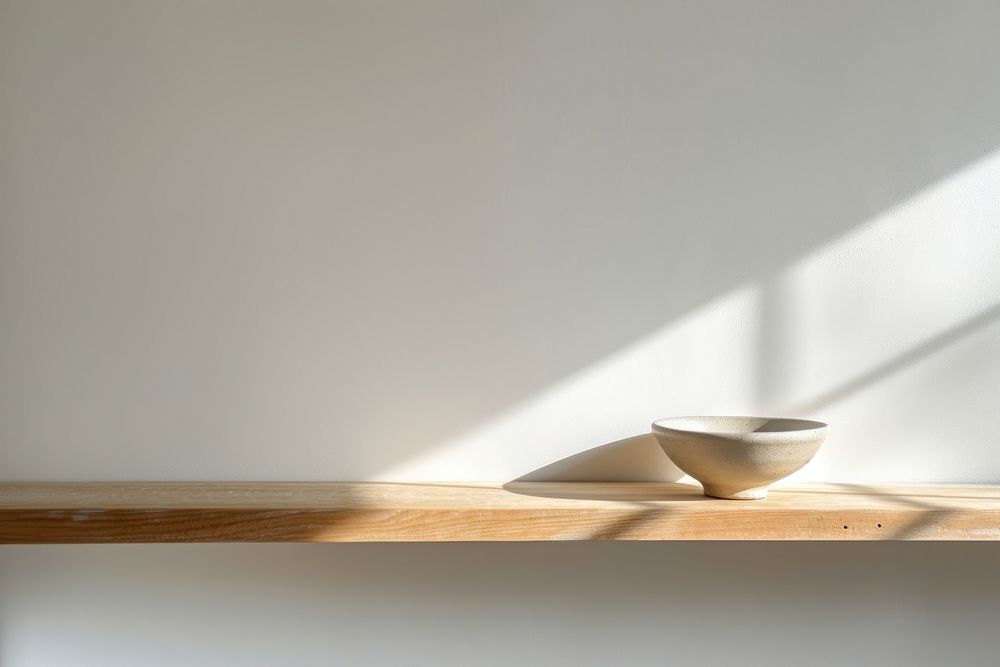 Minimal ceramic bowl on wooden shelf in kitchen white cup mug.