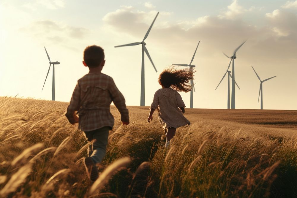 Girl and boy are running in field windmill landscape outdoors.